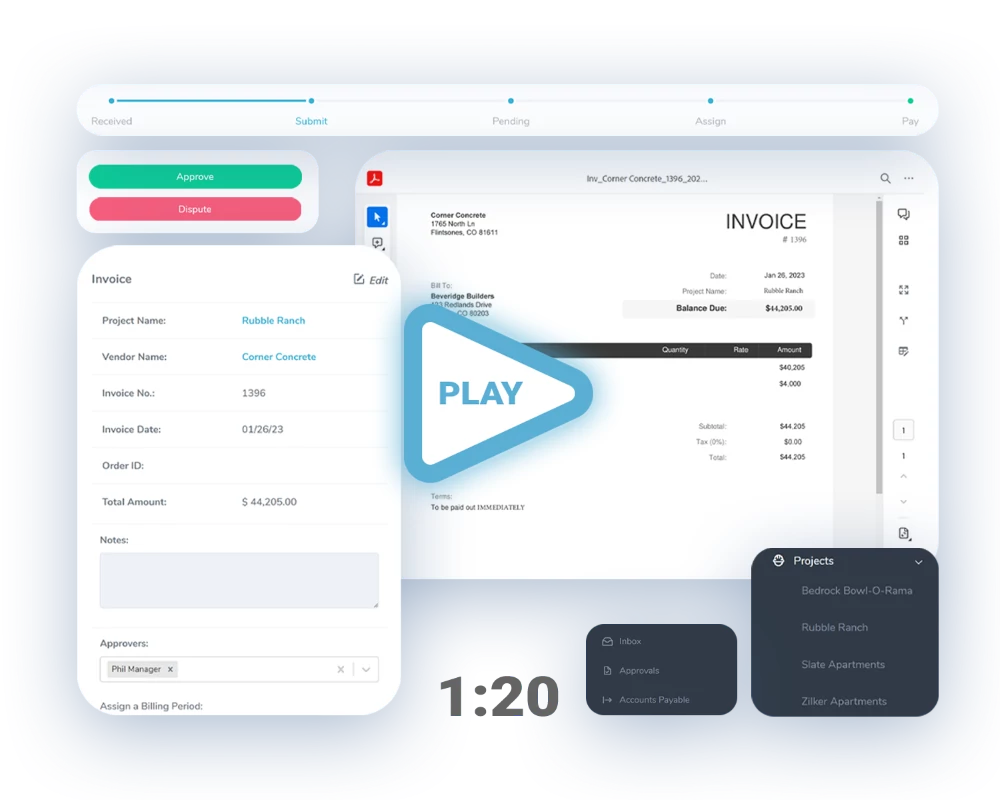 Application components from Durno. Invoice, description, and project attributes. Timestamp 1:20
